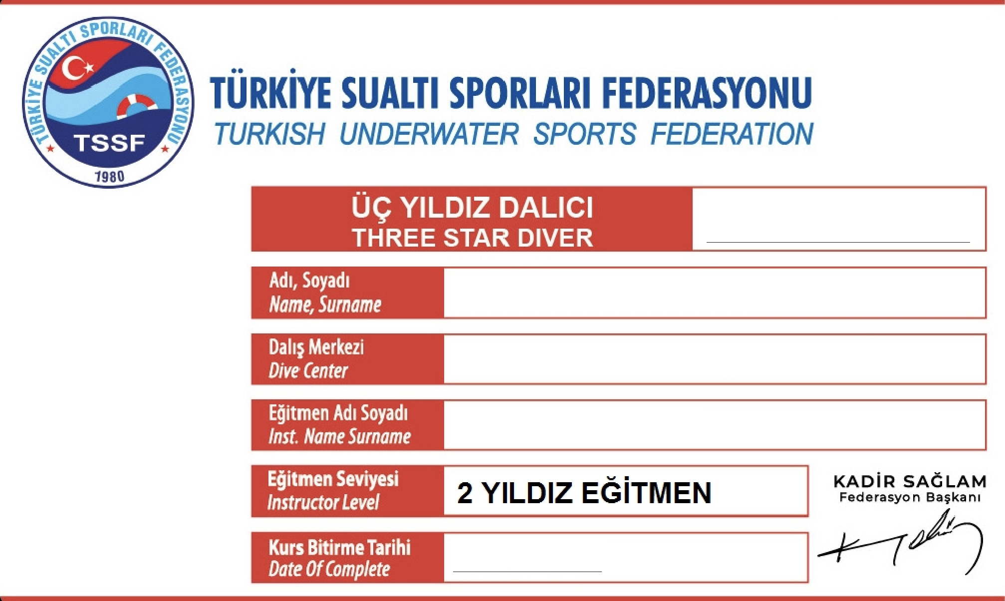 TSSF CMAS Üç Yıldız Dalıcı örnek kart görünümü; kişisel bilgiler kapatılmıştır